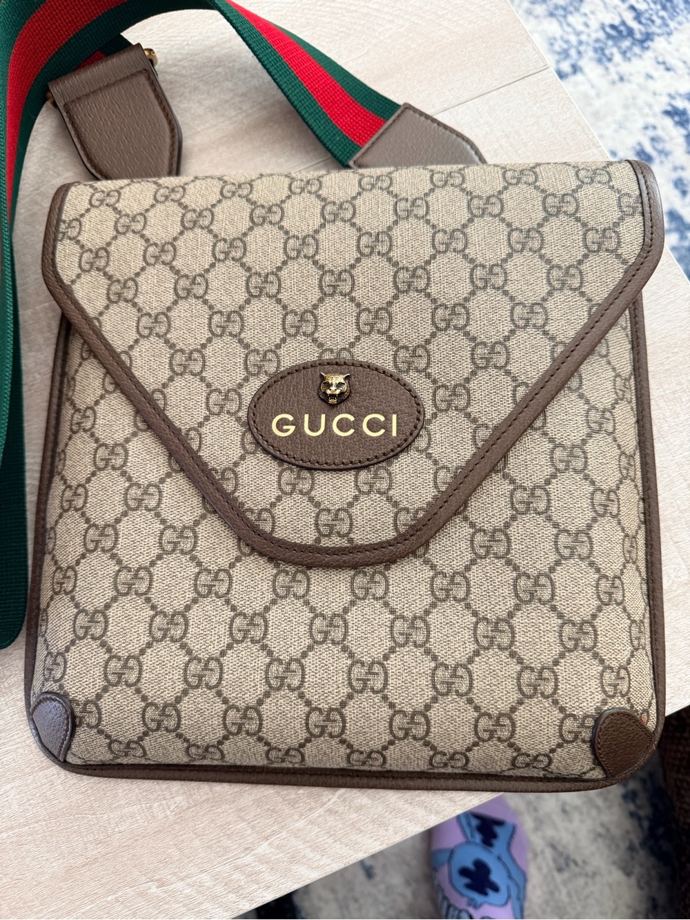 Gucci Beige GG Supreme Crossbody with Green-Red Web Strap